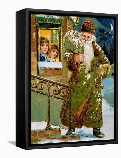 Green-Robed Santa Claus, German Card, C.1900-null-Framed Premier Image Canvas