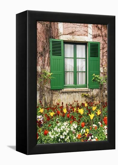 Green shutters at a window overlooking a garden in France-Tom Haseltine-Framed Premier Image Canvas