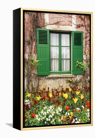 Green shutters at a window overlooking a garden in France-Tom Haseltine-Framed Premier Image Canvas