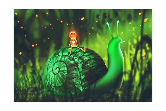 Green Snail With Cute Robot Sits On Its Back Against Night Forest