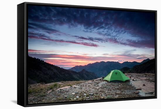Green Tent With Dramatic Landscape During Sunset In Big Cottonwood Canyon, Utah-Lindsay Daniels-Framed Stretched Canvas