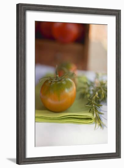 Green Tomatoes on Green Napkin on Table Out of Doors-Foodcollection-Framed Photographic Print