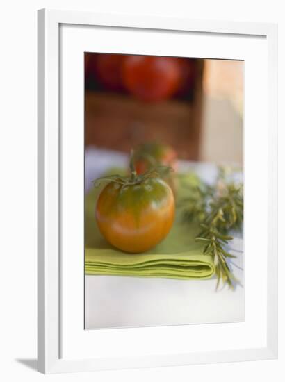 Green Tomatoes on Green Napkin on Table Out of Doors-Foodcollection-Framed Photographic Print