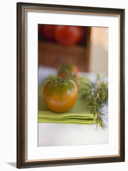 Green Tomatoes on Green Napkin on Table Out of Doors-Foodcollection-Framed Photographic Print