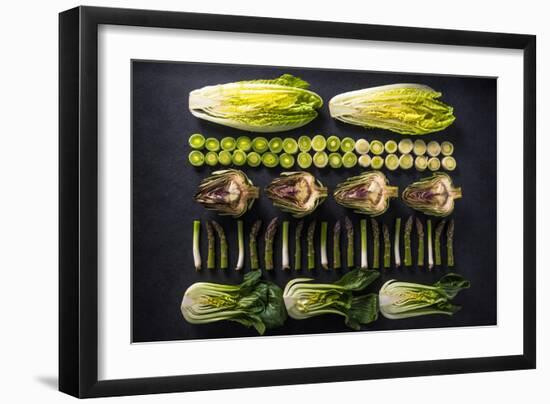 Green Vegetables Cut in Halves, Flat Lay Design on Dark Background, Symmetric-Marcin Jucha-Framed Photographic Print