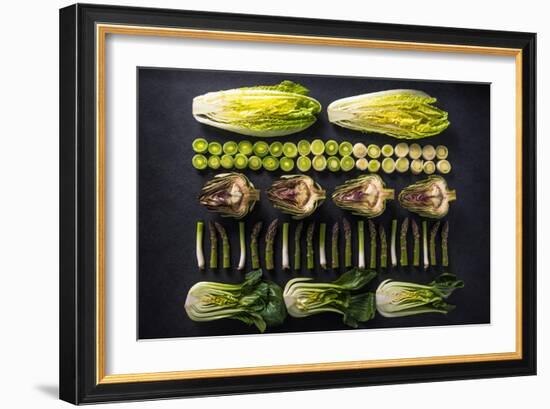 Green Vegetables Cut in Halves, Flat Lay Design on Dark Background, Symmetric-Marcin Jucha-Framed Photographic Print