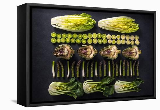 Green Vegetables Cut in Halves, Flat Lay Design on Dark Background, Symmetric-Marcin Jucha-Framed Premier Image Canvas