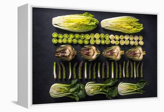 Green Vegetables Cut in Halves, Flat Lay Design on Dark Background, Symmetric-Marcin Jucha-Framed Premier Image Canvas