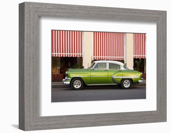 Green vintage American car parked in front of cafe, Cienfuegos, Cuba-Ed Hasler-Framed Photographic Print