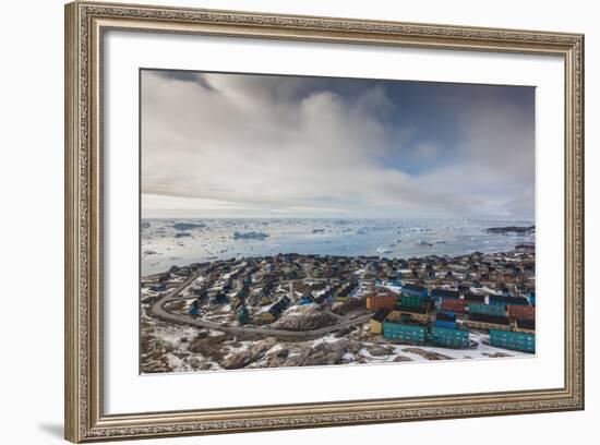 Greenland, Disko Bay, Ilulissat, Elevated Town View with Floating Ice-Walter Bibikow-Framed Photographic Print