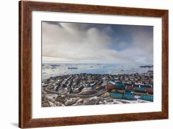 Greenland, Disko Bay, Ilulissat, Elevated Town View with Floating Ice-Walter Bibikow-Framed Photographic Print