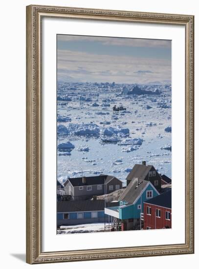 Greenland, Disko Bay, Ilulissat, Elevated View of Floating Ice and Fishing Boat-Walter Bibikow-Framed Photographic Print