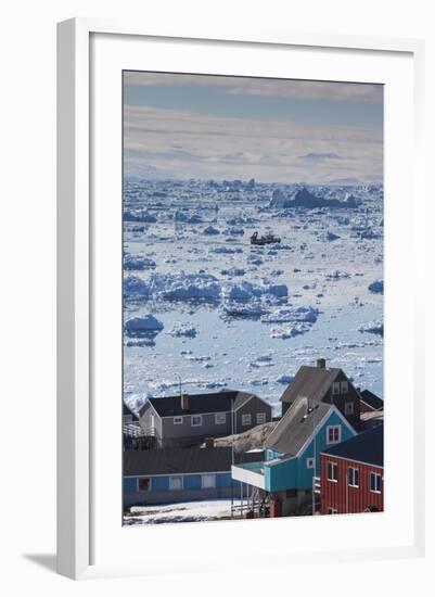 Greenland, Disko Bay, Ilulissat, Elevated View of Floating Ice and Fishing Boat-Walter Bibikow-Framed Photographic Print