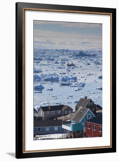 Greenland, Disko Bay, Ilulissat, Elevated View of Floating Ice and Fishing Boat-Walter Bibikow-Framed Photographic Print