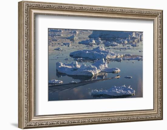 Greenland, Disko Bay, Ilulissat, Elevated View of Floating Ice and Fishing Boat-Walter Bibikow-Framed Photographic Print