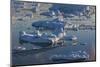 Greenland, Disko Bay, Ilulissat, Elevated View of Floating Ice and Fishing Boat-Walter Bibikow-Mounted Photographic Print