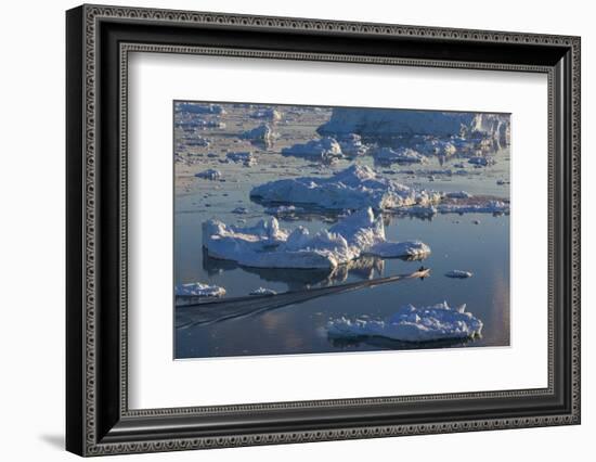 Greenland, Disko Bay, Ilulissat, Elevated View of Floating Ice and Fishing Boat-Walter Bibikow-Framed Photographic Print