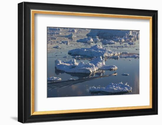 Greenland, Disko Bay, Ilulissat, Elevated View of Floating Ice and Fishing Boat-Walter Bibikow-Framed Photographic Print