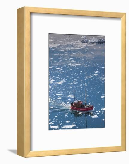 Greenland, Disko Bay, Ilulissat, Elevated View of Floating Ice and Fishing Boat-Walter Bibikow-Framed Photographic Print