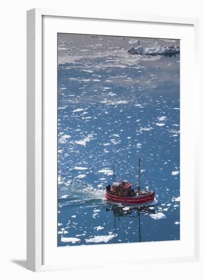 Greenland, Disko Bay, Ilulissat, Elevated View of Floating Ice and Fishing Boat-Walter Bibikow-Framed Photographic Print