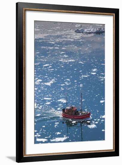 Greenland, Disko Bay, Ilulissat, Elevated View of Floating Ice and Fishing Boat-Walter Bibikow-Framed Photographic Print