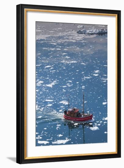 Greenland, Disko Bay, Ilulissat, Elevated View of Floating Ice and Fishing Boat-Walter Bibikow-Framed Photographic Print
