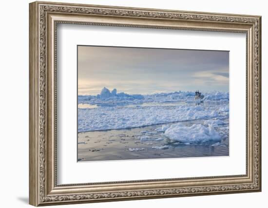 Greenland, Disko Bay, Ilulissat, Fishing Boat in Floating Ice at Sunset-Walter Bibikow-Framed Photographic Print