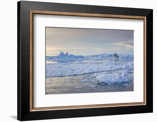 Greenland, Disko Bay, Ilulissat, Fishing Boat in Floating Ice at Sunset-Walter Bibikow-Framed Photographic Print