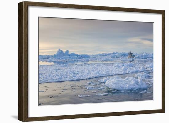 Greenland, Disko Bay, Ilulissat, Fishing Boat in Floating Ice at Sunset-Walter Bibikow-Framed Photographic Print