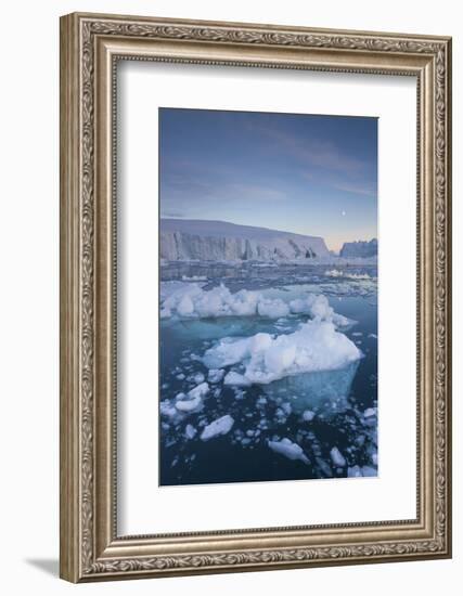 Greenland, Disko Bay, Ilulissat, Floating Ice at Sunset with Moonrise-Walter Bibikow-Framed Photographic Print