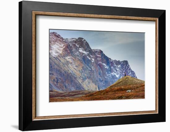 Greenland. Kong Oscar Fjord. Ella Island. Hiker dwarfed by rocky mountains.-Inger Hogstrom-Framed Photographic Print