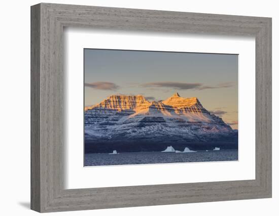 Greenland. Scoresby Sund. Gasefjord, Alpenglow on the mountain with iceberg.-Inger Hogstrom-Framed Photographic Print