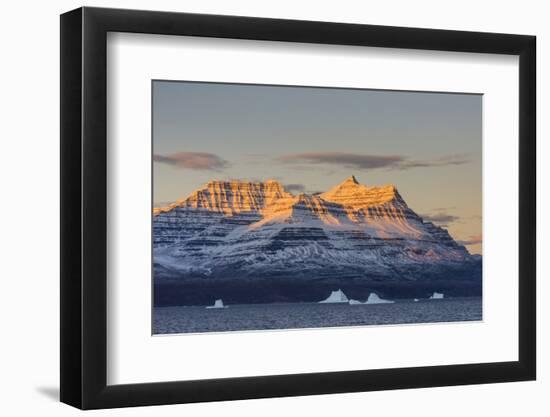 Greenland. Scoresby Sund. Gasefjord, Alpenglow on the mountain with iceberg.-Inger Hogstrom-Framed Photographic Print