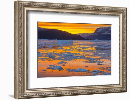 Greenland. Scoresby Sund. Gasefjord. Sunset with icebergs and brash ice.-Inger Hogstrom-Framed Photographic Print