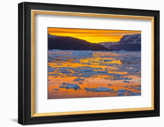 Greenland. Scoresby Sund. Gasefjord. Sunset with icebergs and brash ice.-Inger Hogstrom-Framed Photographic Print