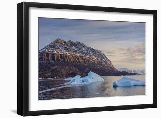 Greenland. Scoresby Sund. Icebergs and deeply eroded mountains.-Inger Hogstrom-Framed Photographic Print