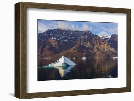 Greenland. Scoresby Sund. Milne Land. Small icebergs and rocky mountains.-Inger Hogstrom-Framed Photographic Print