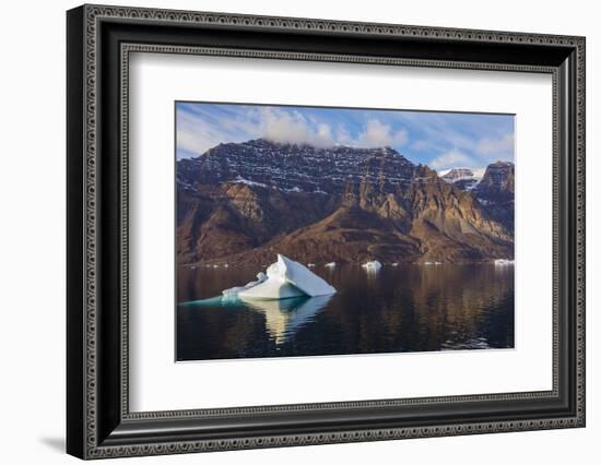 Greenland. Scoresby Sund. Milne Land. Small icebergs and rocky mountains.-Inger Hogstrom-Framed Photographic Print