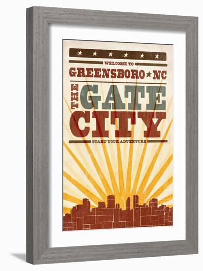 Greensboro, North Carolina - Skyline and Sunburst Screenprint Style-Lantern Press-Framed Art Print