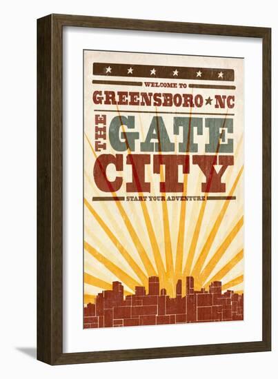 Greensboro, North Carolina - Skyline and Sunburst Screenprint Style-Lantern Press-Framed Art Print