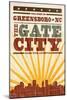 Greensboro, North Carolina - Skyline and Sunburst Screenprint Style-Lantern Press-Mounted Art Print