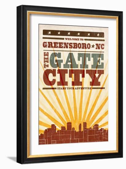 Greensboro, North Carolina - Skyline and Sunburst Screenprint Style-Lantern Press-Framed Art Print