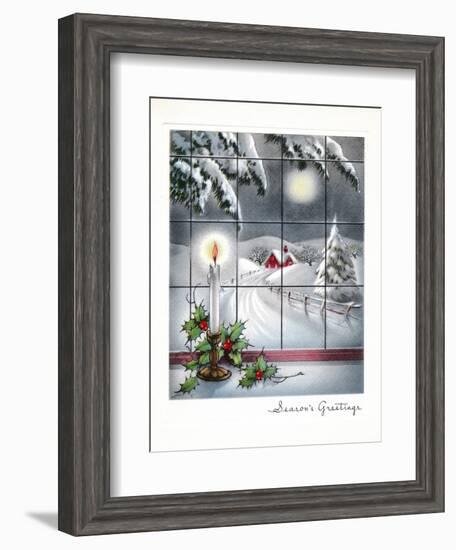 Greeting Card - Candles Season's Greetings - Winter Scene with Candle in the Window-null-Framed Art Print