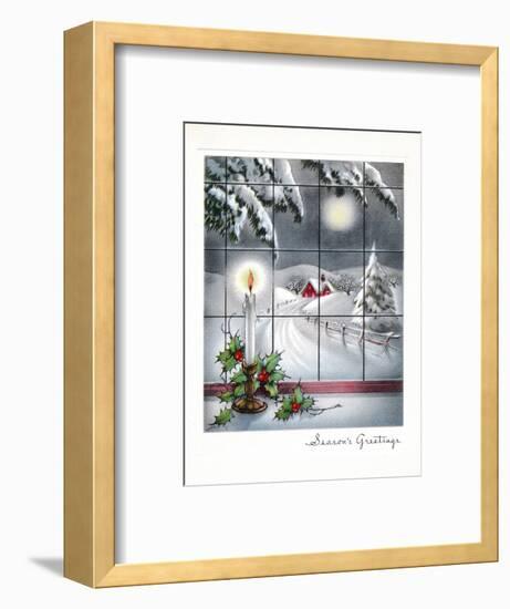 Greeting Card - Candles Season's Greetings - Winter Scene with Candle in the Window-null-Framed Art Print