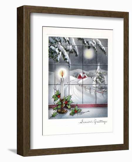 Greeting Card - Candles Season's Greetings - Winter Scene with Candle in the Window-null-Framed Art Print