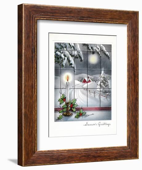 Greeting Card - Candles Season's Greetings - Winter Scene with Candle in the Window--Framed Art Print