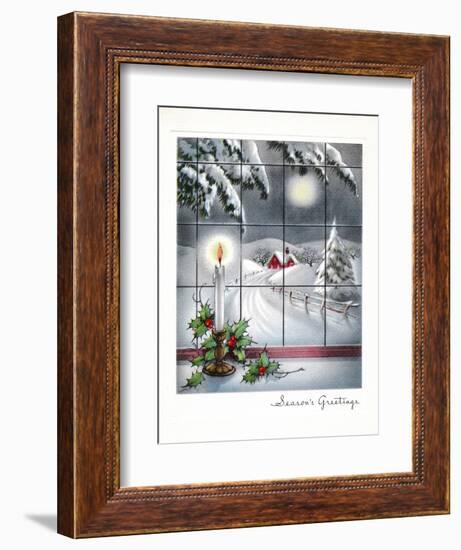 Greeting Card - Candles Season's Greetings - Winter Scene with Candle in the Window-null-Framed Art Print