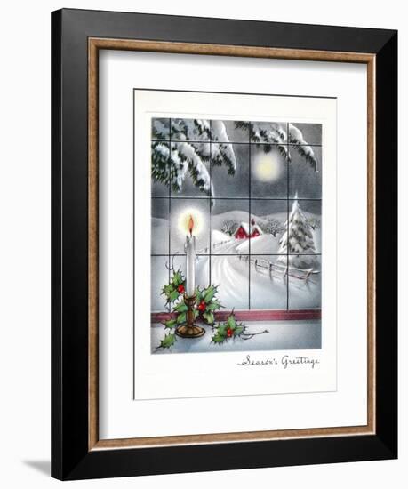 Greeting Card - Candles Season's Greetings - Winter Scene with Candle in the Window-null-Framed Art Print