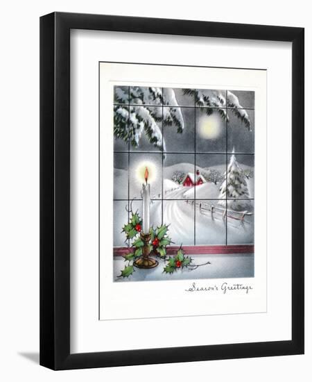 Greeting Card - Candles Season's Greetings - Winter Scene with Candle in the Window-null-Framed Art Print