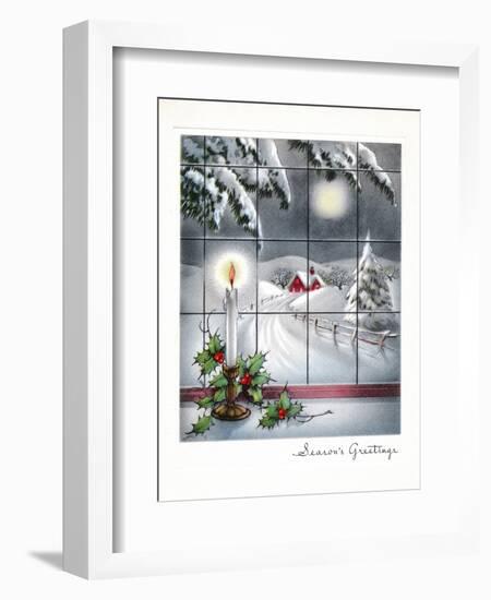 Greeting Card - Candles Season's Greetings - Winter Scene with Candle in the Window-null-Framed Art Print